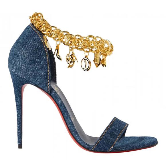 Christian Louboutin Gourmi Sandal 100 Denim Gold Charm Ankle Strap Heel Pump 38 - Picture 1 of 12